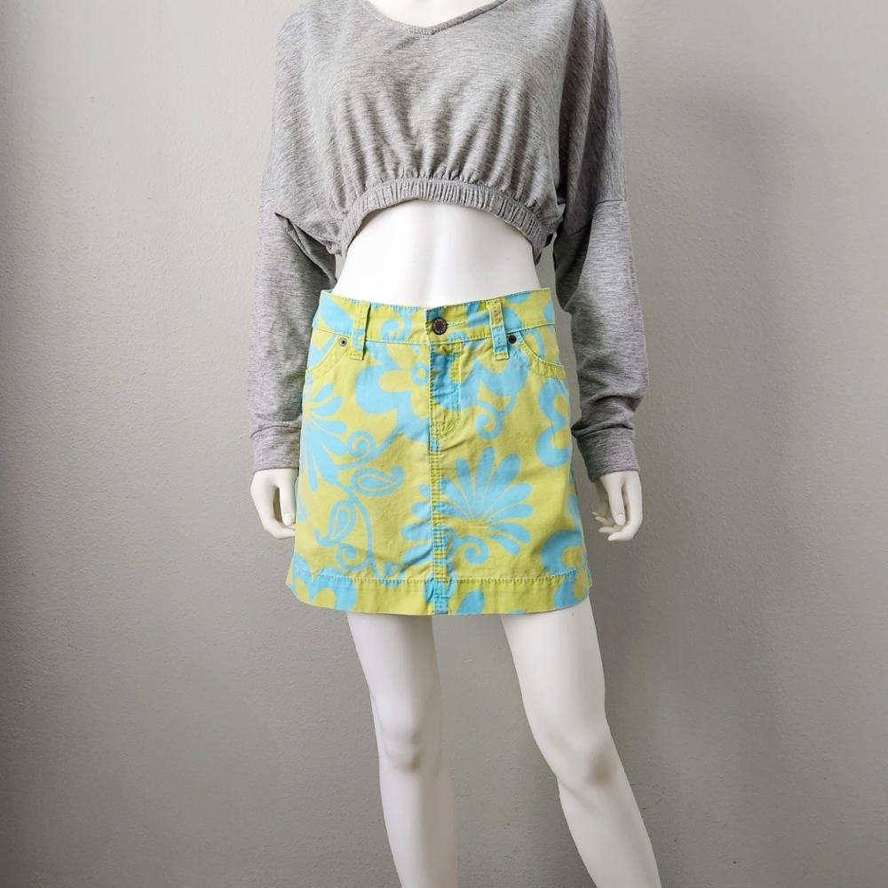 GAP Jeans 100% Cotton Retro Mini Skirt, Blue & Green Floral Pattern, Size 4